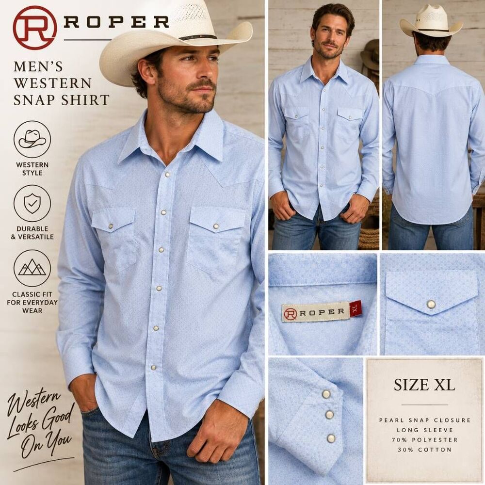 Roper Men’s XL Light Blue Western Pearl Snap Shirt Long Sleeve Cowboy